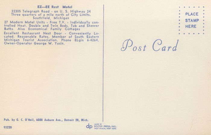 E-Z Rest Motel (EZ-EE Rest Motel) - Old Postcard